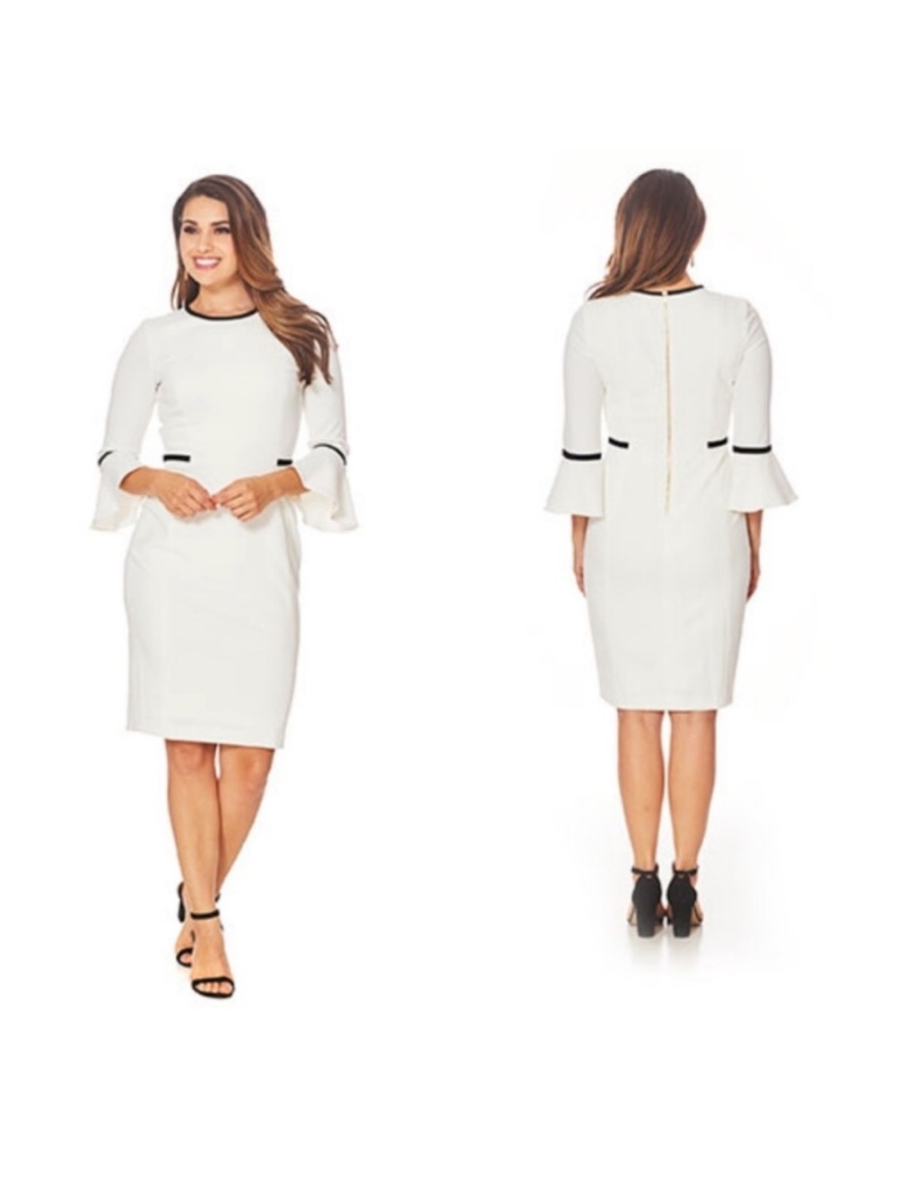 Calvin Klein Women's Ivory  Bell-Sleeve Sheath Dress with Black Trim. Size 8